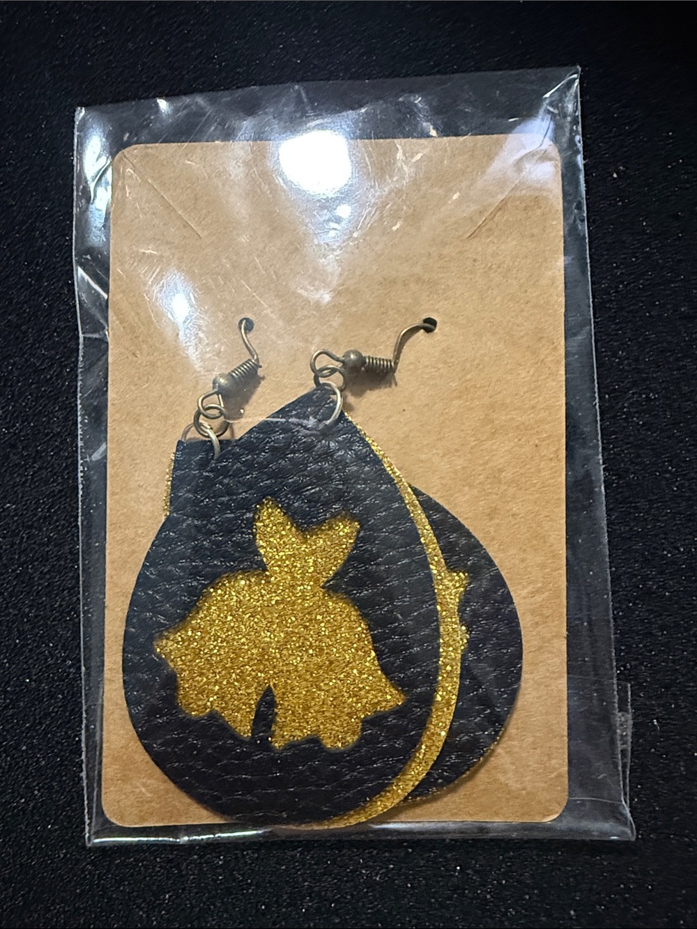 Black Teardrop Earrings with Gold Glitter Flower